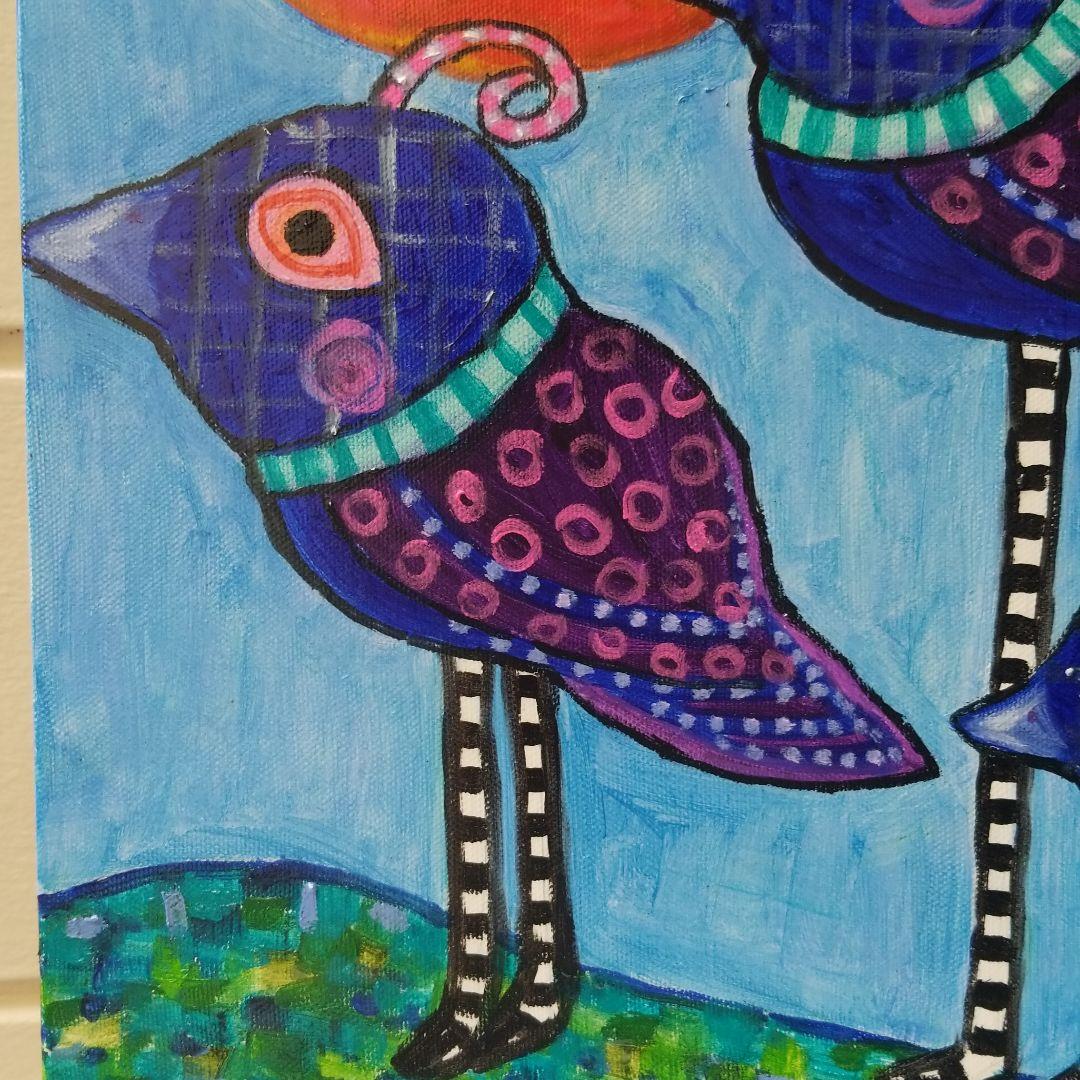 油絵　専用　旅に出る決意をする鳥の家族