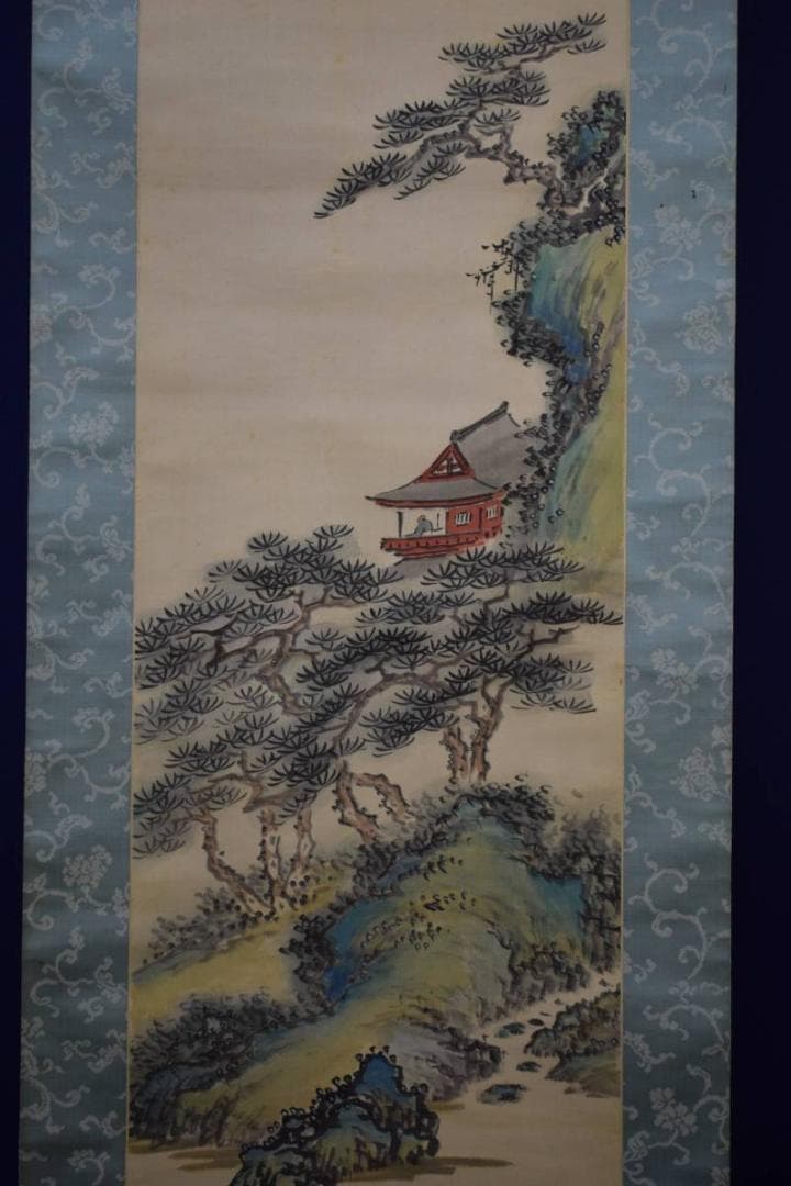 真作/田中柏陰/青緑山水画賛/絹表装/桐極箱二重箱付/布袋屋掛軸HE-244