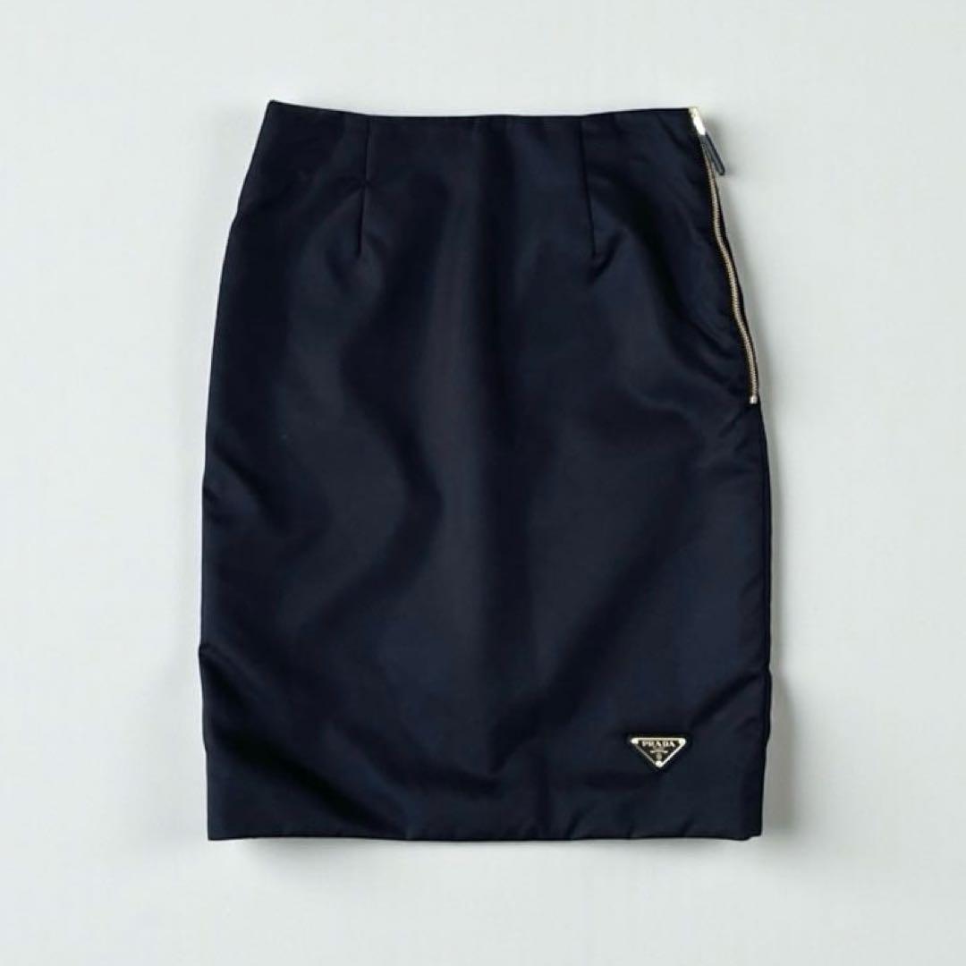 【美品】PRADA プラダ リナイロン ペンシルスカート 三角ロゴプレート 黒