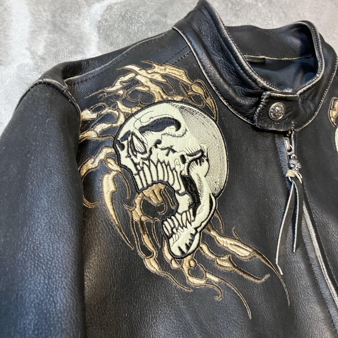 【美品】 Affliction シングルライダースジャケット スカル 刺繍 XL