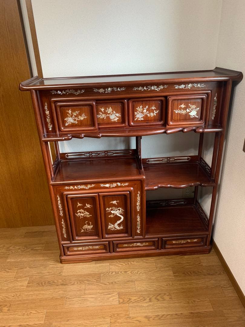 螺鈿細工 茶箪笥 昭和レトロ シェルフ 茶棚 貝 手作り 古道具