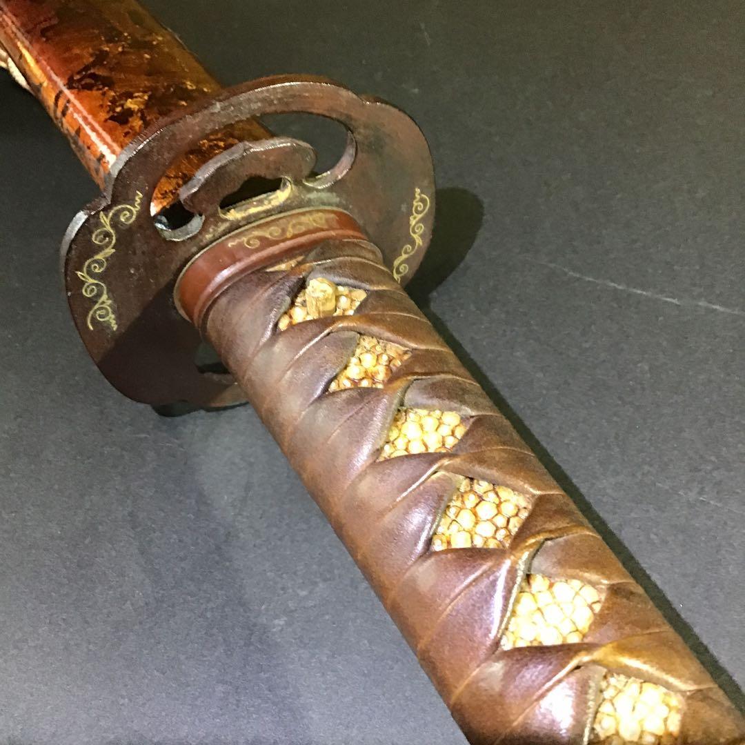 肥後拵　鍔　縁頭　象嵌　革巻柄　目貫勝虫　居合刀
