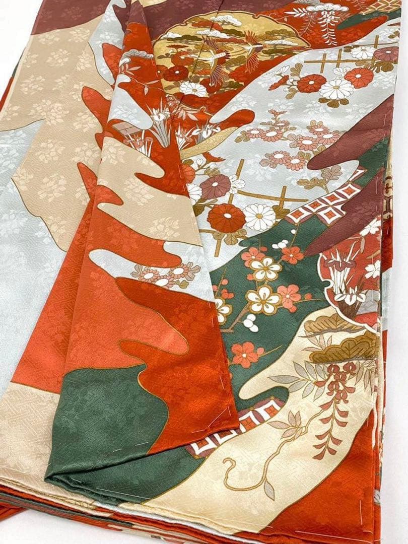 藤井寛 落款入 振袖 未仕立て品 仮絵羽 鶴 七宝繋ぎ 金駒 金彩 紋意匠 正絹