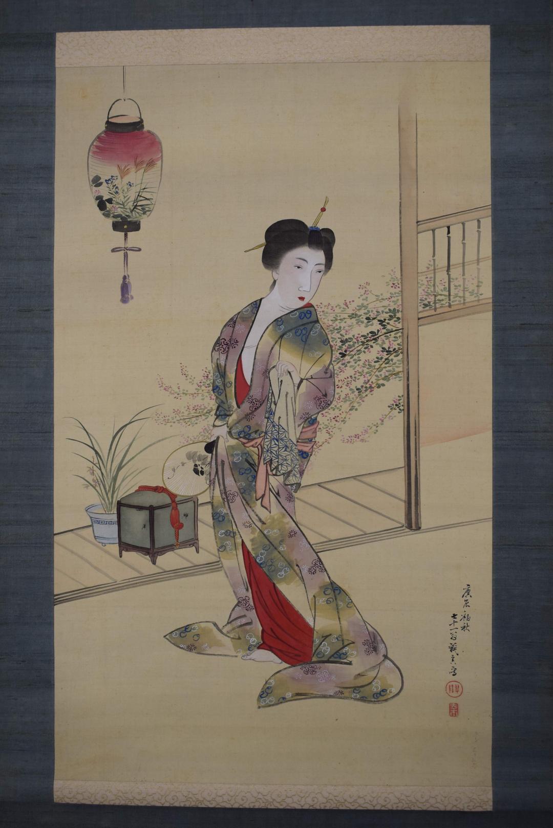 【真作】立松義寅/美人画/納涼美人/美婦湯上り/掛軸☆宝船☆Y-333　JM