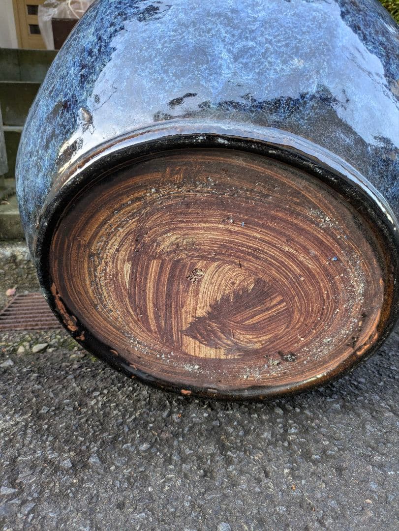 火鉢　青色八角形火鉢 陶器製　特大火鉢　大型火鉢昭和レトロアンテーク睡蓮鉢　水草