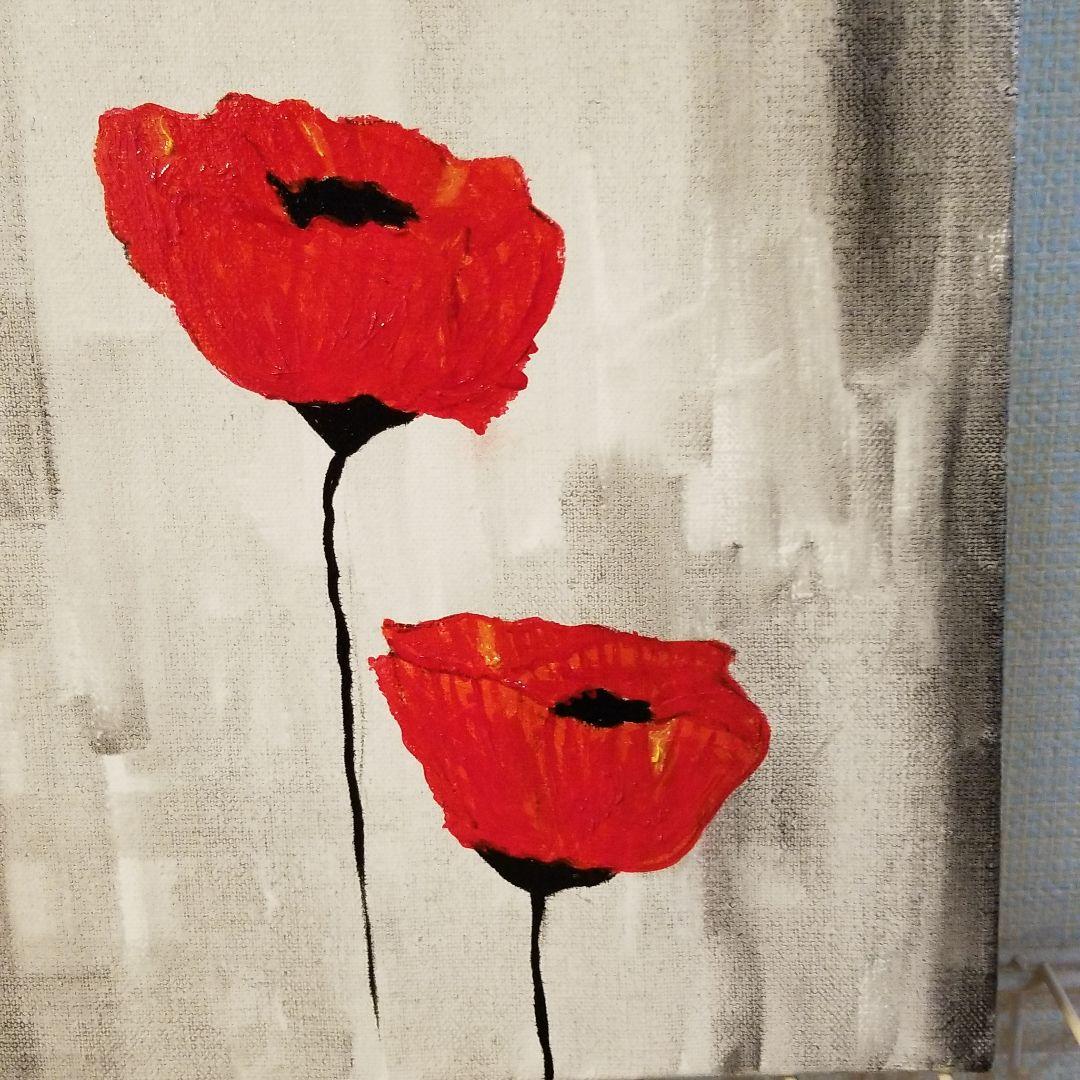 油絵　ヘラモノクロームからの赤い花