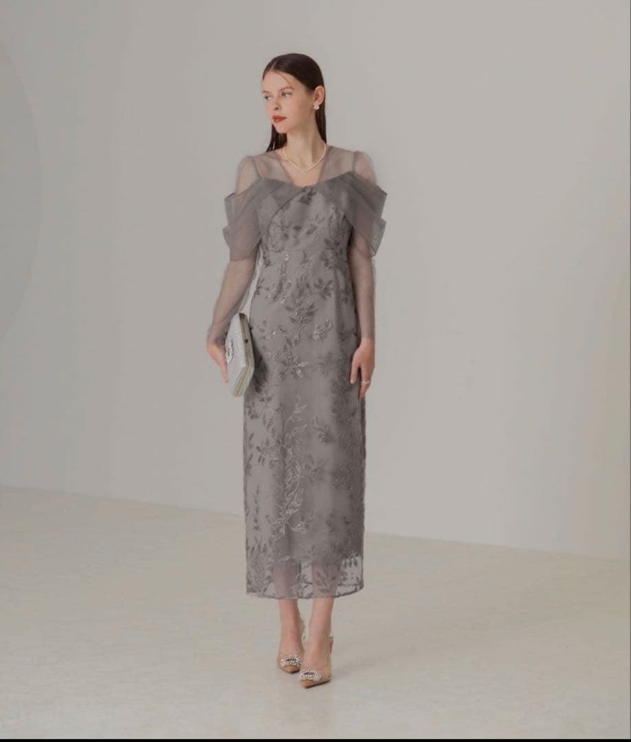 【leja】チュールロングスリーブリーフ Iラインドレスワンピース