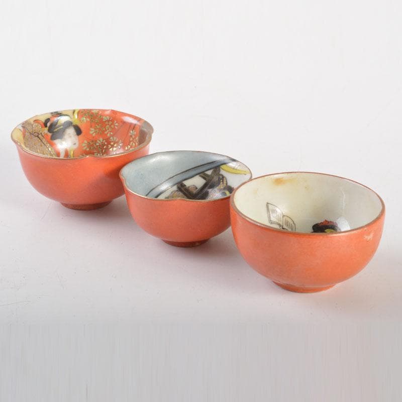 九谷焼　浮世絵　春画盃　三客まとめて　時代箱付　C　6717