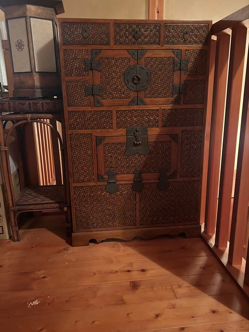 李朝家具 網代細工 アジロ 真鍮金具 収納家具 古家具 韓国骨董 ヴィンテージ