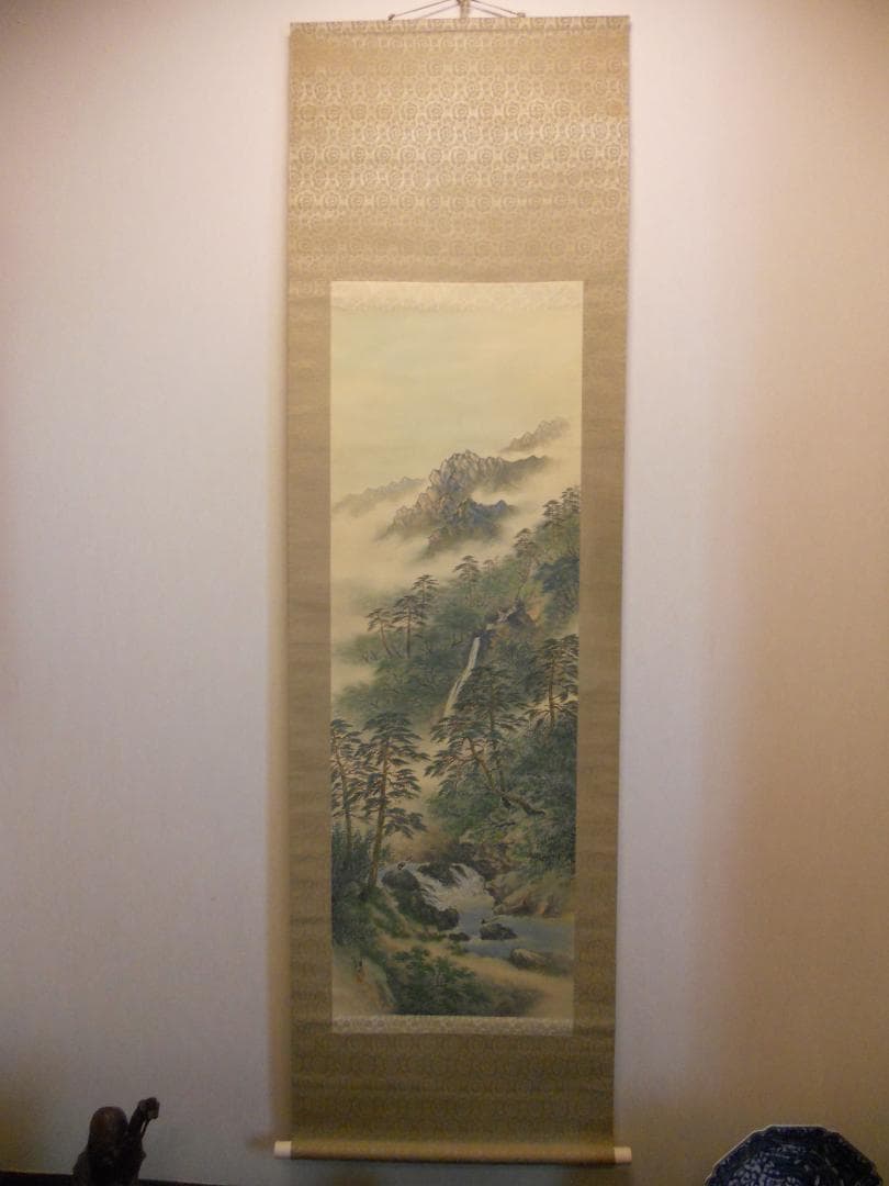 掛け軸 翆城 山水夏画 絹本 希少 軸装 茶道具 掛軸 美品 です。