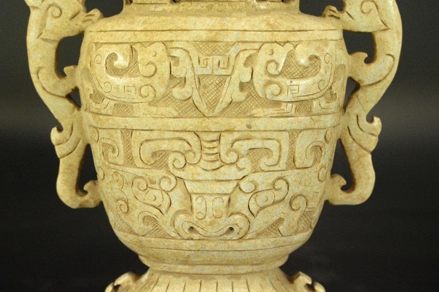 中国美術 砡石 刻 饕餮紋 香炉 置物(ZE575)